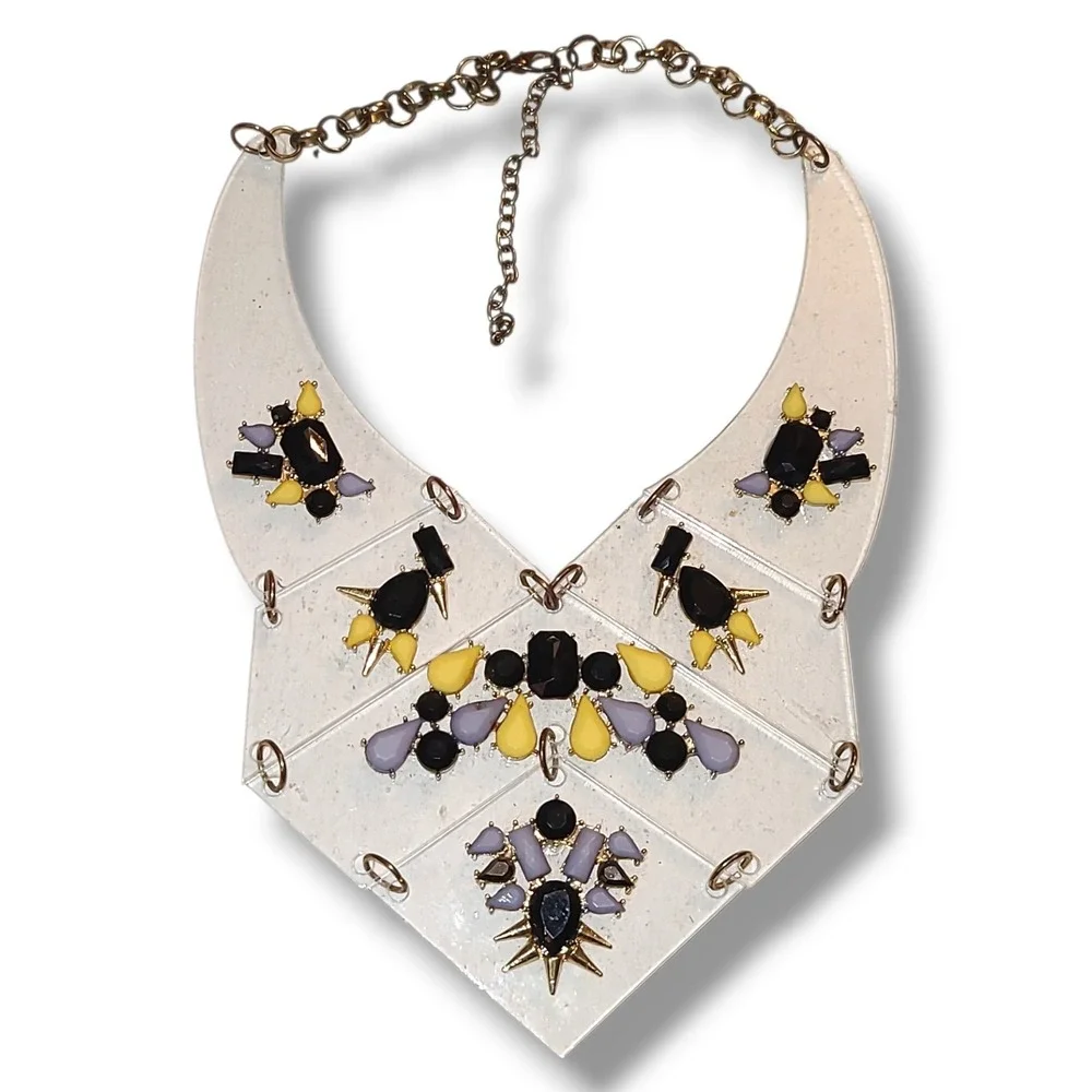 Stradivarius Clear Lucite Bib‎ Statement Necklace Black Yellow Lavender VTG